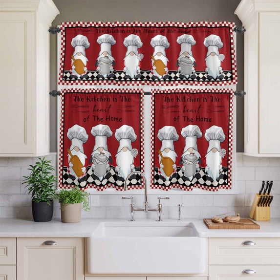 Kitchen Window Curtains Valance and Tier Set, Kitchen Gnome Cute Chef Gourmet Pot Rod Pocket Tier Curtains and Valance 3 Piece Set, Red Black Plaid Window Treatment for Bedroom Living Room