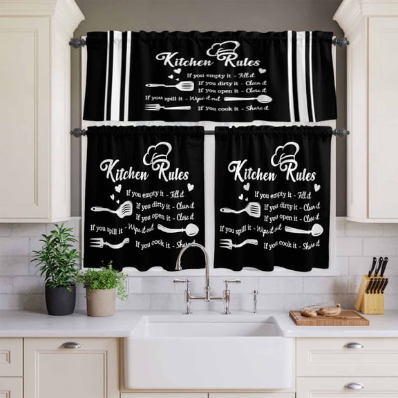 Kitchen Window Curtains Valance and Tier Set, Kitchen Rules Black and White Rod Pocket Tier Curtains and Valance 3 Piece Set, Kitchens Utensils Appliances Window Treatment for Bedroom Living Room