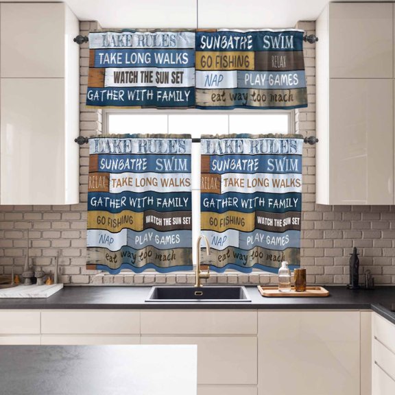 Kitchen Window Curtains Valance and Tier Set, Lake Rules Farm Blue Wood Board Rod Pocket Tier Curtains and Valance 3 Piece Set, Quote Wooden Grain Window Treatment for Bedroom Living Room