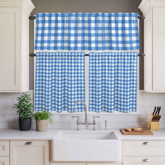 Kitchen Window Curtains Valance and Tier Set, Light Blue Gingham Check Rod Pocket Tier Curtains and Valance 3 Piece Set, Country Classic Plaid Light Filtering Window Treatment for Bedroom Living Room