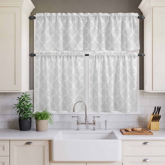 Kitchen Window Curtains Valance and Tier Set, Light Gray Geometric Plaid Rod Pocket Tier Curtains and Valance 3 Piece Set, Vintage Moroccan Ethnic Style Window Treatment for Bedroom Living Room