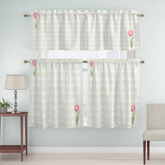 Kitchen Window Curtains Valance and Tier Set, Light Yellow Lattice Spring Tulip Flower Rod Pocket Tier Curtain Valance Set, Minimalist Check Light Filtering Cafe Curtains for Bedroom Living Room
