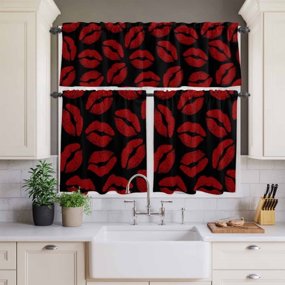 Kitchen Window Curtains Valance and Tier Set, Lipprint Kisses Red and Black Rod Pocket Tier Curtains and Valance 3 Piece Set, Valentine's Day Lips Texture Window Treatment for Bedroom Living Room