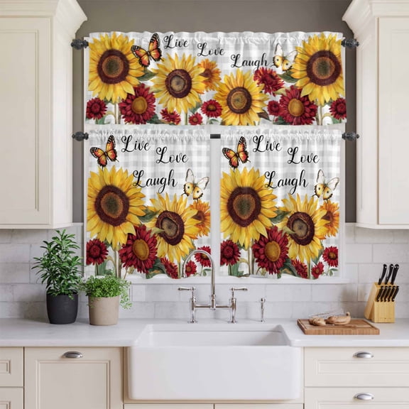 Kitchen Window Curtains Valance and Tier Set, Live Love Laugh Farm Sunflowers Rod Pocket Tier Curtains and Valance 3 Piece Set, Country Plant Butterfly Window Treatment for Bedroom Living Room