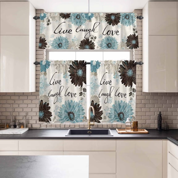 Kitchen Window Curtains Valance and Tier Set, Live Love Laugh Words Rod Pocket Tier Curtains and Valance 3 Piece Set, Country Blue Brown Floral Window Treatment for Living Room Bedroom