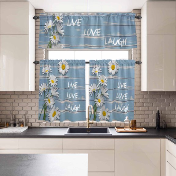 Kitchen Window Curtains Valance and Tier Set, Live Love Laugh Words on Wood Rod Pocket Tier Curtains and Valance 3 Piece Set, Country Flowers Daisy Window Treatment for Bedroom Living Room