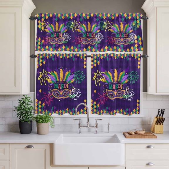 Kitchen Window Curtains Valance and Tier Set, Mardi Gras Ethnic Tribal Feather Rod Pocket Tier Curtains and Valance 3 Piece Set, Mask on Purple Diamond Grid Window Treatment for Bedroom Living Room