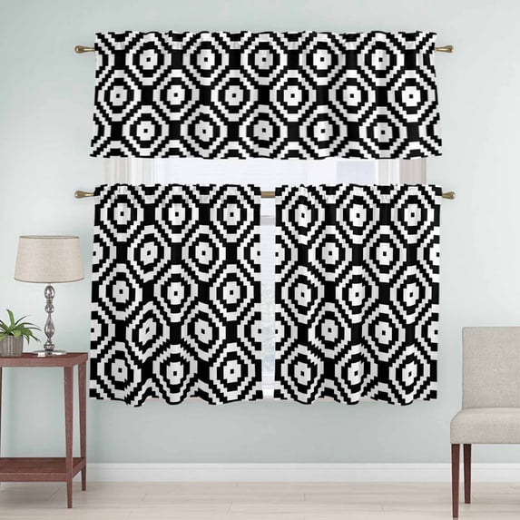 Kitchen Window Curtains Valance and Tier Set, Medieval Black Geometric Rod Pocket Tier Curtain Valance Set, Vintage Ethnic Patterns Light Filtering Cafe Curtains for Bedroom Living Room
