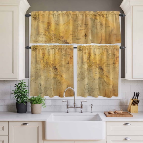 Kitchen Window Curtains Valance and Tier Set, Medieval Earth Map on Retro Rod Pocket Tier Curtains and Valance 3 Piece Set, Modern Abstract Mountain Window Treatment for Bedroom Living Room