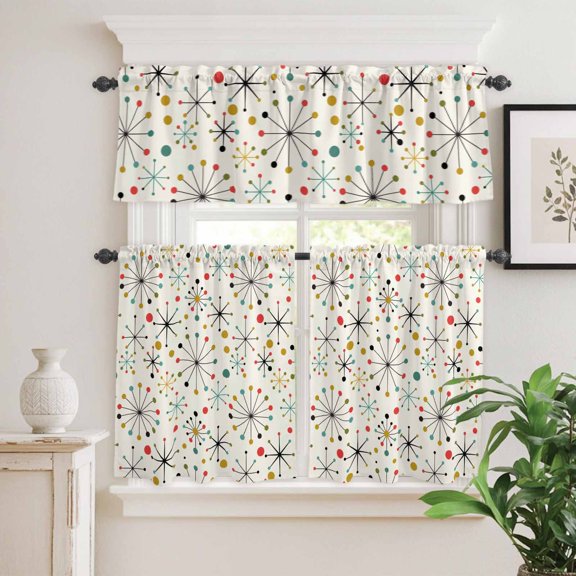 Kitchen Window Curtains Valance and Tier Set, Mid Century Abstract Geometric Rod Pocket Tier Curtain Valance Set, Modern Colorful Atomic Light Filtering Cafe Curtains for Bedroom Living Room