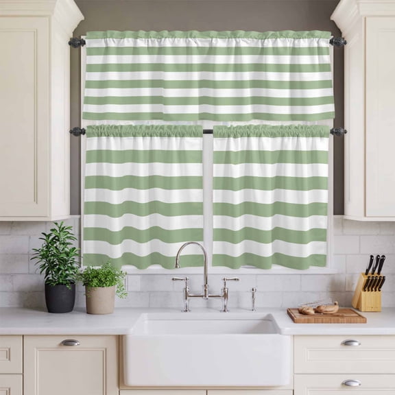 Kitchen Window Curtains Valance and Tier Set, Minimalism Sage Green White Stripe Rod Pocket Tier Curtains and Valance 3 Piece Set, Modern Art Window Treatment for Bedroom Living Room