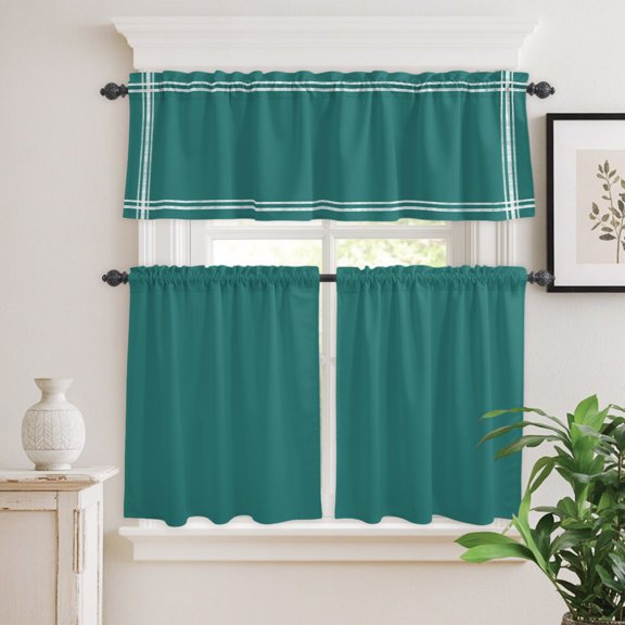 Kitchen Window Curtains Valance and Tier Set, Minimalist Art Solid Color Rod Pocket Tier Curtain Valance Set, Pure Dark Dull Green Light Filtering Cafe Curtains for Bedroom Living Room
