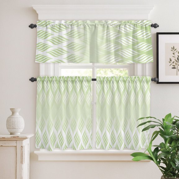 Kitchen Window Curtains Valance and Tier Set, Minimalist Green Gradient Curve Striped Rod Pocket Tier Curtain Valance Set, Geometric Line Ogee Light Filtering Cafe Curtains for Bedroom Living Room
