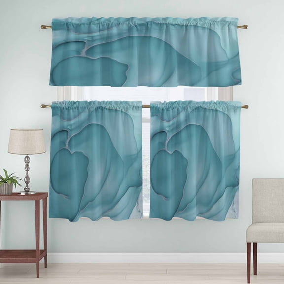 Kitchen Window Curtains Valance and Tier Set, Mint Green Marble Fluid Art Rod Pocket Tier Curtain Valance Set, Modern Abstract Turquoise Light Filtering Cafe Curtains for Bedroom Living Room