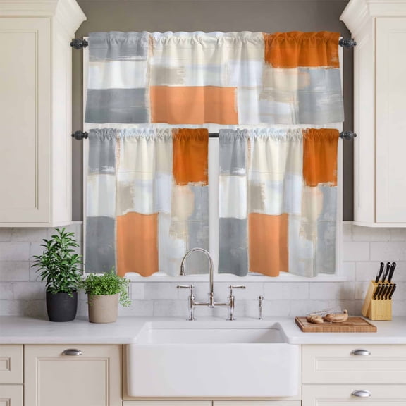 Kitchen Window Curtains Valance and Tier Set, Modern Abstract Color Blocks Rod Pocket Tier Curtains and Valance 3 Piece Set, Impressionist Graffiti Style Window Treatment for Bedroom Living Room