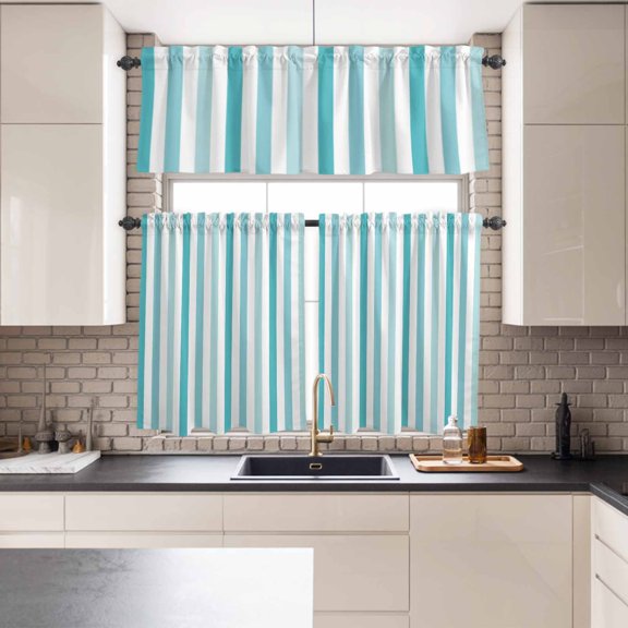 Kitchen Window Curtains Valance and Tier Set, Modern Aqua Gradient Stripe Rod Pocket Tier Curtains and Valance 3 Piece Set, Abstract Minimalist Line Window Treatment for Bedroom Living Room