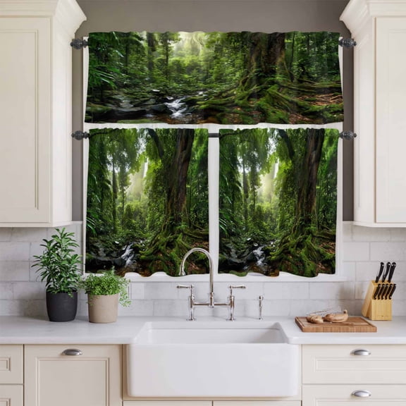 Kitchen Window Curtains Valance and Tier Set, Modern Forests Landscapes Rod Pocket Tier Curtains and Valance 3 Piece Set, Trees Streams Light Filtering Window Treatment for Bedroom Living Room