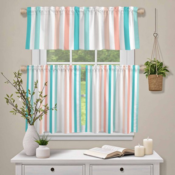 Kitchen Window Curtains Valance and Tier Set, Modern Geometric Stripe Rod Pocket Tier Curtain Valance Set, Aqua Gray Coral Line Light Filtering Cafe Curtains for Bedroom Living Room