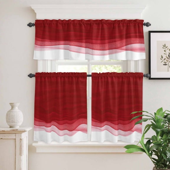 Kitchen Window Curtains Valance and Tier Set, Modern Red Gradient Stripe Rod Pocket Tier Curtain Valance Set, Ocean Wave Ombre Theme Light Filtering Cafe Curtains for Bedroom Living Room