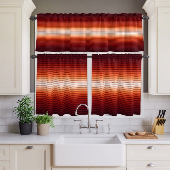 Kitchen Window Curtains Valance and Tier Set, Modern Stripes Abstract Color Ombre Rod Pocket Tier Curtains and Valance Set, Dark Red Orange Gradient Window Treatment for Bedroom Living Room