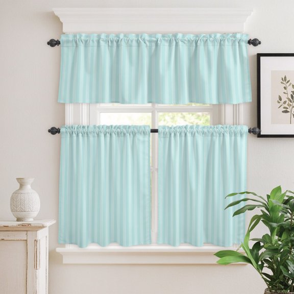 Kitchen Window Curtains Valance and Tier Set, Modern Vertical Stripes Rod Pocket Tier Curtain Valance Set, Abstract Aqua Minimalist Line Light Filtering Cafe Curtains for Bedroom Living Room