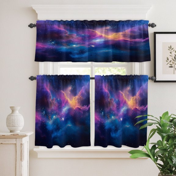 Kitchen Window Curtains Valance and Tier Set, Modernism Starry Sky Universe Rod Pocket Tier Curtain Valance Set, Night Sky Impressionist Style Light Filtering Cafe Curtains for Bedroom Living Room
