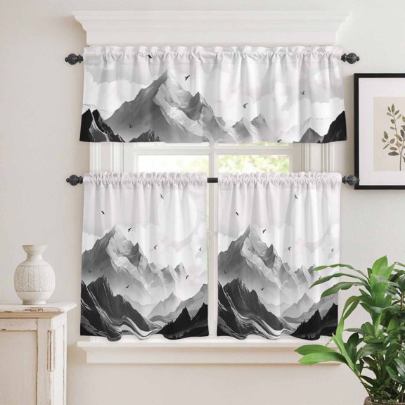 Kitchen Window Curtains Valance and Tier Set, Monochrome Mountain Landscape Rod Pocket Tier Curtain Valance Set, Hill Eagle Sun and Cloud Light Filtering Cafe Curtains for Bedroom Living Room