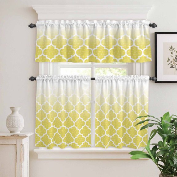Kitchen Window Curtains Valance and Tier Set, Morocco Abstract Tile Trellis Lattice Rod Pocket Tier Curtain Valance Set, Modern Yellow Gradient Art Light Filtering Cafe Curtains for Bedroom