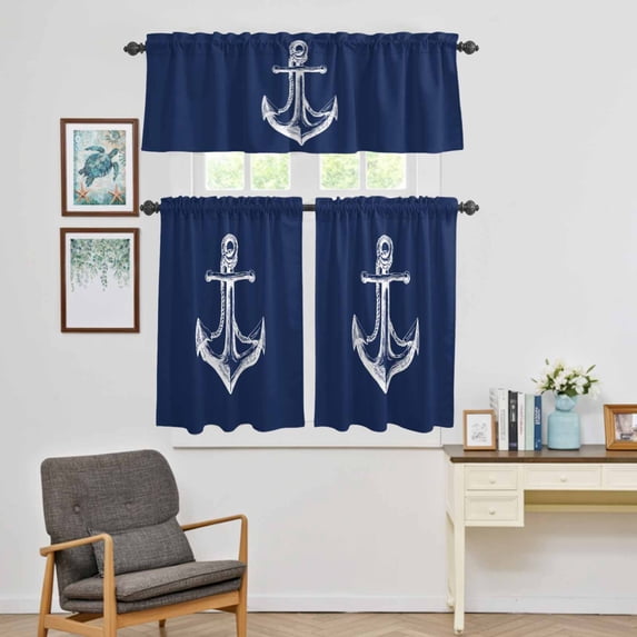 Kitchen Window Curtains Valance and Tier Set, Nautical Anchor on Dark Blue Rod Pocket Tier Curtain Valance Set, Coastal Marine Light Filtering Cafe Curtains for Bedroom Living Room