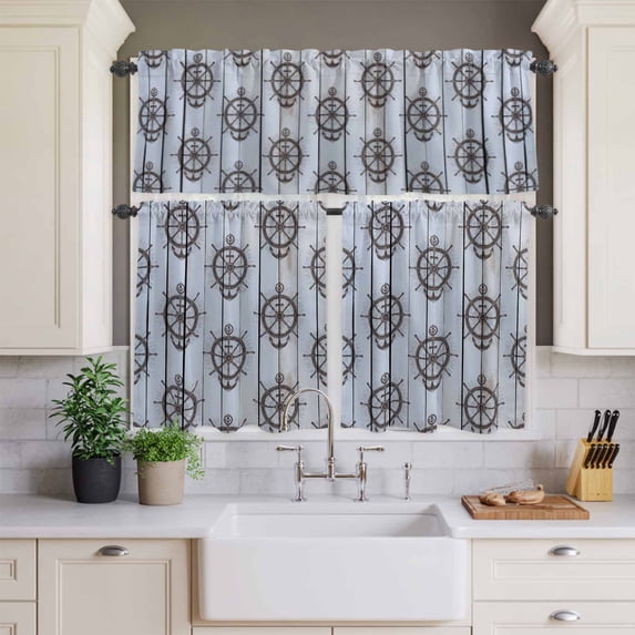 Kitchen Window Curtains Valance and Tier Set, Nautical Anchor Gray Plank Rod Pocket Tier Curtains and Valance 3 Piece Set, Retro Country Wood Grain Window Treatment for Bedroom Living Room
