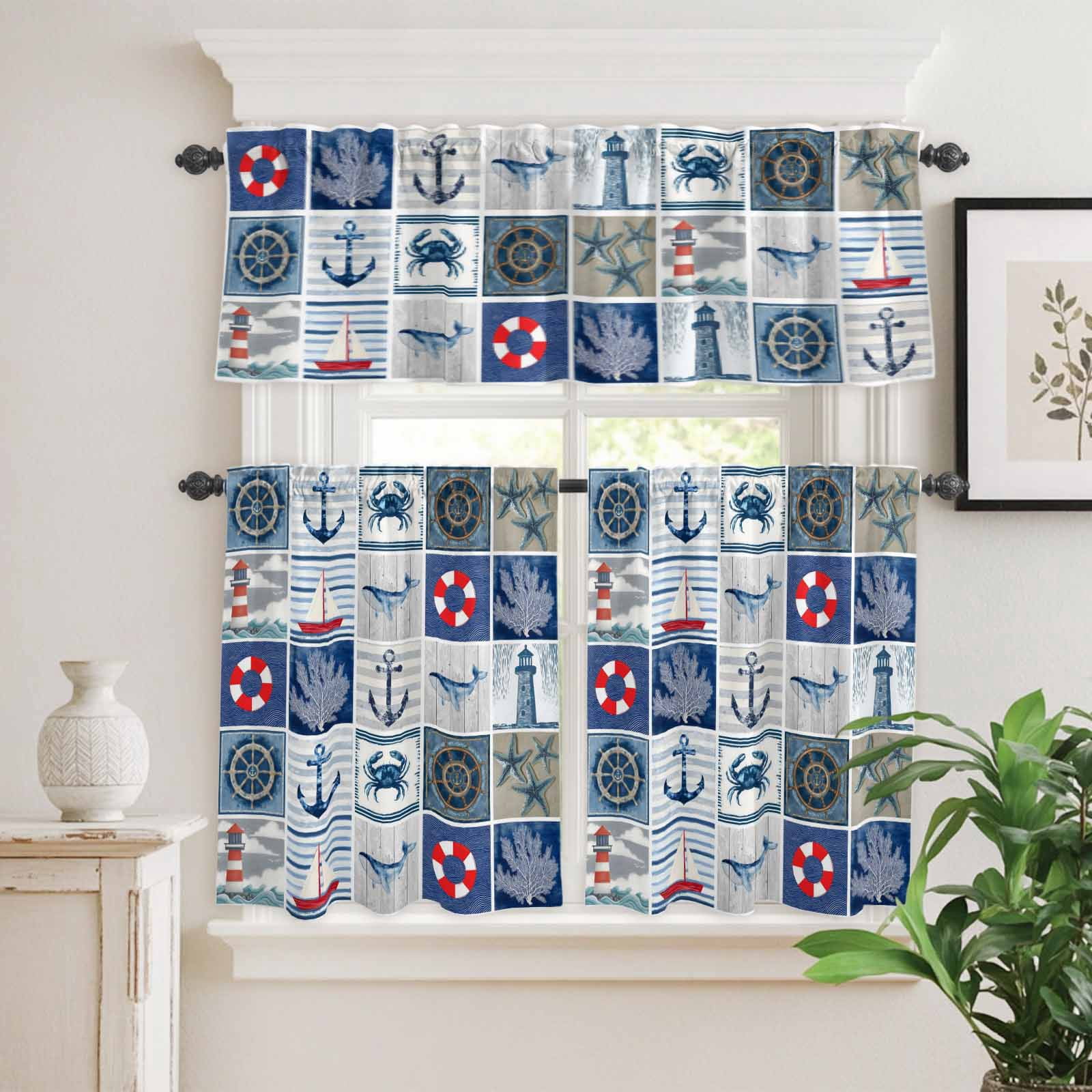 Kitchen Window Curtains Valance and Tier Set, Nautical Anchor Swim ...