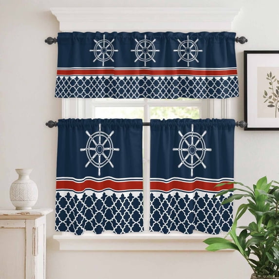 Kitchen Window Curtains Valance and Tier Set, Nautical Compass Retro Geometric Rod Pocket Tier Curtain Valance Set, Red and White Stripes Light Filtering Cafe Curtains for Bedroom Living Room