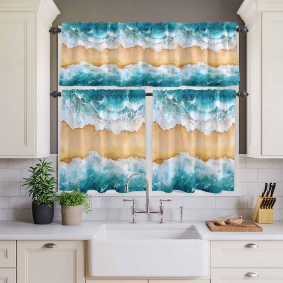 Kitchen Window Curtains Valance and Tier Set, Nautical Ocean Sea Wave Rod Pocket Tier Curtains and Valance 3 Piece Set, Watercolor Summer Beach Theme Window Treatment for Bedroom Living Room