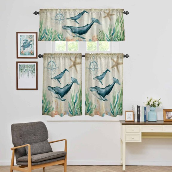Kitchen Window Curtains Valance and Tier Set, Nautical Ocean Sea Whale Starfish Rod Pocket Tier Curtain Valance Set, Vintage Back Light Filtering Cafe Curtains for Bedroom Living Room
