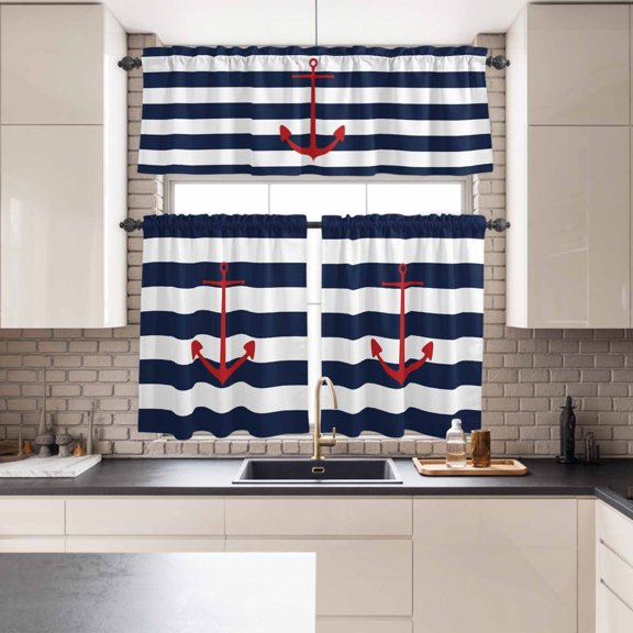 Kitchen Window Curtains Valance and Tier Set, Nautical Retro Red Anchor on Stripes Rod Pocket Tier Curtains and Valance 3 Piece Set, Navy Blue and White Window Treatment for Bedroom Living Room