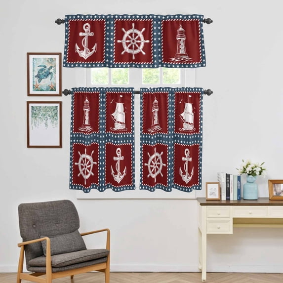 Kitchen Window Curtains Valance and Tier Set, Nautical Sailing Anchor Compass Rod Pocket Tier Curtain Valance Set, Lighthouse Star Blue Red Light Filtering Cafe Curtains for Bedroom Living Room