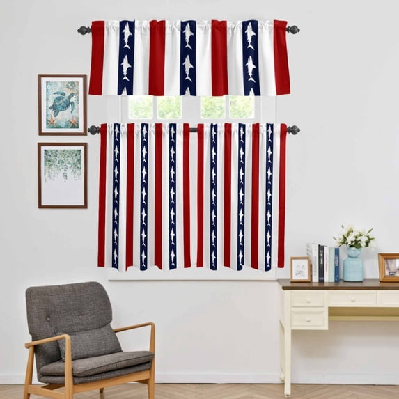 Kitchen Window Curtains Valance and Tier Set, Nautical Shark Red White Striped Rod Pocket Tier Curtain Valance Set, Modern Abstract Art Light Filtering Cafe Curtains for Bedroom Living Room
