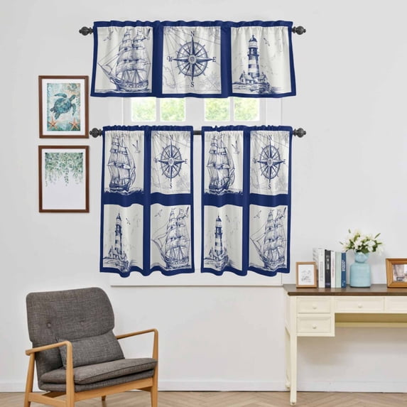 Kitchen Window Curtains Valance and Tier Set, Navy Blue Compass Sailing Ship Plaid Rod Pocket Tier Curtain Valance Set, Nautical Retro Lighthouse Light Filtering Cafe Curtains for Bedroom