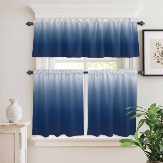 Kitchen Window Curtains Valance and Tier Set, Navy Blue Gradient Ombre Rod Pocket Tier Curtain Valance Set, Minimalist Art Light Filtering Cafe Curtains for Bedroom Living Room