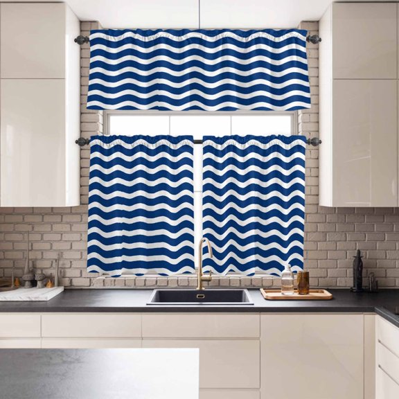 Kitchen Window Curtains Valance and Tier Set, Navy Blue White Water Ripple Rod Pocket Tier Curtains and Valance 3 Piece Set, Nautical Ocean Wave Stripe Window Treatment for Bedroom Living Room