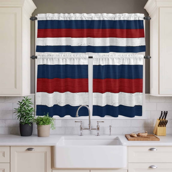 Kitchen Window Curtains Valance and Tier Set, Navy Vintage Barn Wood Board Rod Pocket Tier Curtains and Valance 3 Piece Set, Rustic Blue Red White Plank Window Treatment for Bedroom Living Room