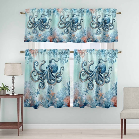 Kitchen Window Curtains Valance and Tier Set, Ocean Beach Octopus Corals Rod Pocket Tier Curtain Valance Set, Vintage Marine Life Seaweed Light Filtering Cafe Curtains for Bedroom Living Room