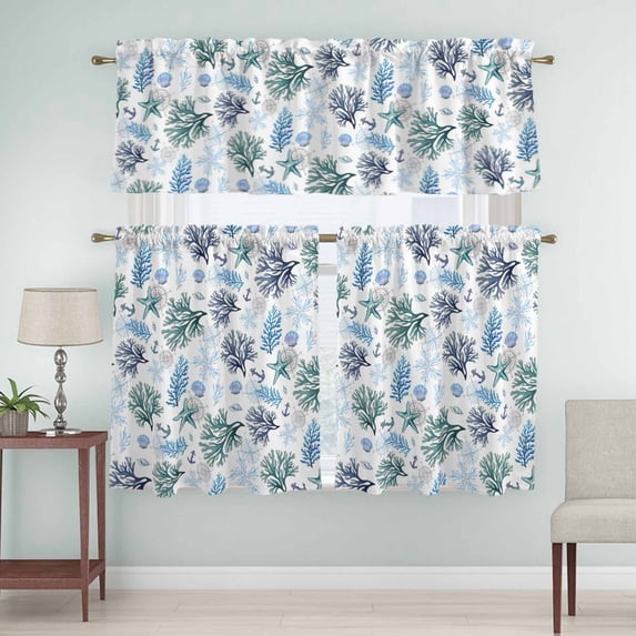 Kitchen Window Curtains Valance and Tier Set, Ocean Coral Starfish Shell Rod Pocket Tier Curtain Valance Set, Nautical Anchor Compass Light Filtering Cafe Curtains for Bedroom Living Room