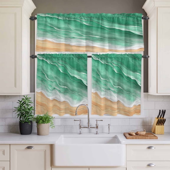 Kitchen Window Curtains Valance and Tier Set, Ocean Green Beige Sea Waves Rod Pocket Tier Curtains and Valance 3 Piece Set, Beach Theme Stripes Window Treatment for Bedroom Living Room