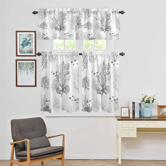 Kitchen Window Curtains Valance and Tier Set, Ocean Life Gray Coral Conch Starfish Rod Pocket Tier Curtain Valance Set, Watercolor Marine Theme Light Filtering Cafe Curtains for Bedroom Living Room
