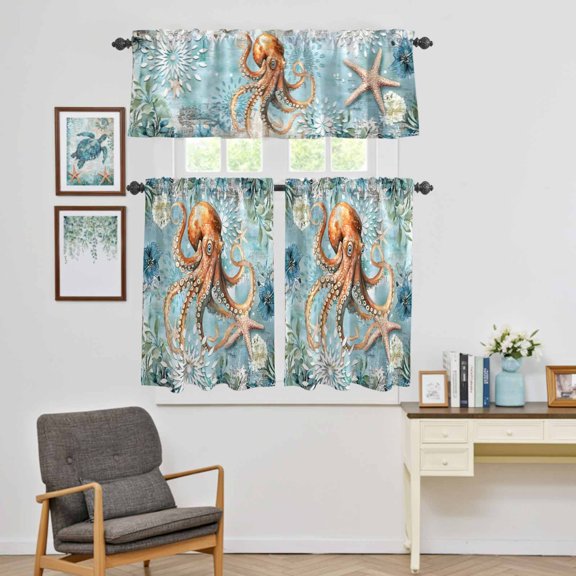 Kitchen Window Curtains Valance and Tier Set, Ocean Octopus Monster Starfish Rod Pocket Tier Curtain Valance Set, Blue Underwater World Seaweed Light Filtering Cafe Curtains for Bedroom Living Room
