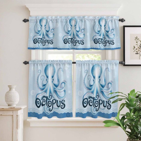 Kitchen Window Curtains Valance and Tier Set, Ocean Sea Octopus Bubble Rod Pocket Tier Curtain Valance Set, Underwater Animal Blue Theme Light Filtering Cafe Curtains for Bedroom Living Room