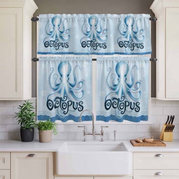 Kitchen Window Curtains Valance and Tier Set, Ocean Sea Octopus Bubble Rod Pocket Tier Curtains and Valance 3 Piece Set, Underwater Animal Blue Theme Window Treatment for Bedroom Living Room