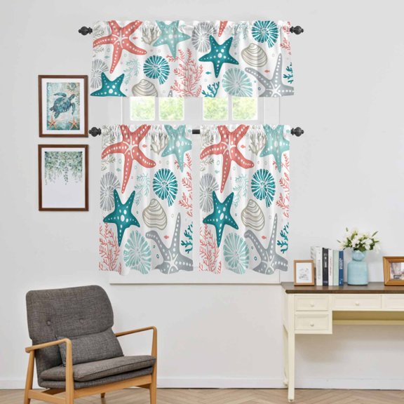Kitchen Window Curtains Valance and Tier Set, Ocean Sea Starfish Coral Shell Rod Pocket Tier Curtain Valance Set, Coastal Teal Sealife on White Light Filtering Cafe Curtains for Bedroom Living Room
