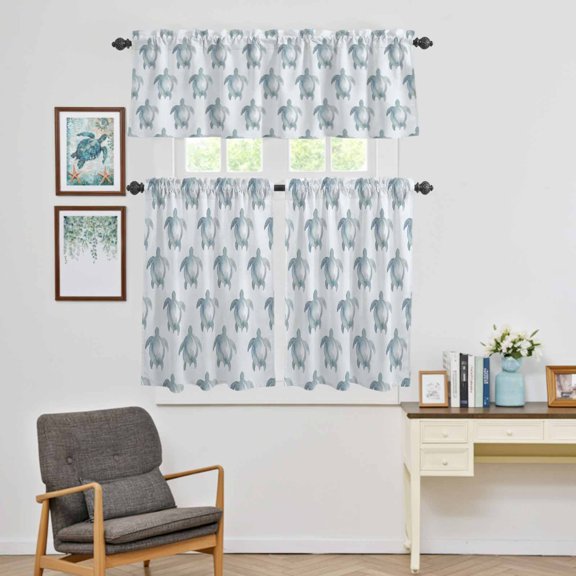 Kitchen Window Curtains Valance and Tier Set, Ocean Sea TurtleSeamless Rod Pocket Tier Curtain Valance Set, Watercolor Marine Creature Light Filtering Cafe Curtains for Bedroom Living Room